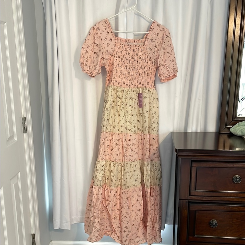 Pink and Cream Smocked Maxi Dress with Puff Sleeves